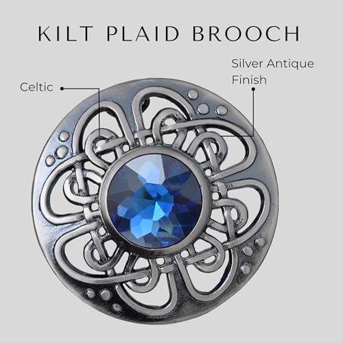Image of Elegant Culloden Plaid Brooch - Scottish Kilt Fly Plaid Brooch Intricate Celtic Knot in Pewter with Gemstone 3-Inch Diameter - Ideal for Scottish Kilts & Formal Wear