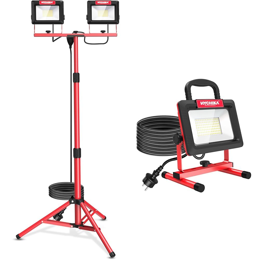 LED Baustrahler Arbeitsstrahler mit Stativ 2x60W, HYCHIKA Strahler 2x7000 Lumen & ahler 12000 LM 6500K