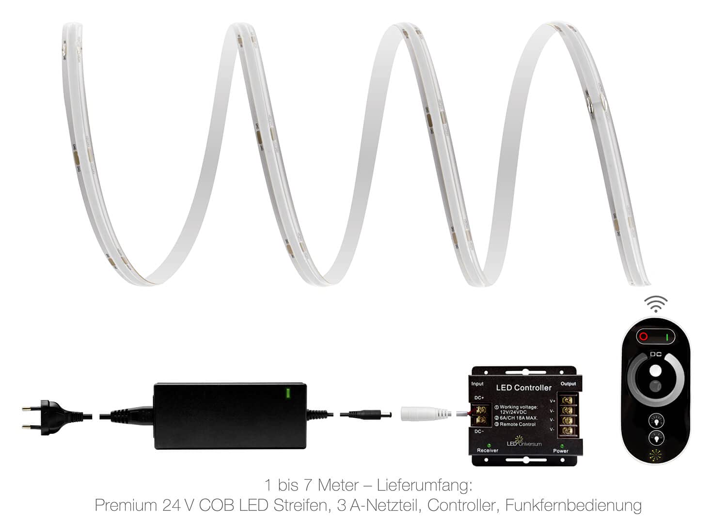LED Universum Juego de tiras LED COB azul con mando a distancia, controlador y fuente de alimentación, filamento prémium, 24 V, IP65, monocolor (3 metros)