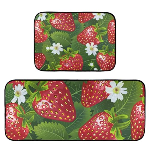 Qumton Strawberry Daisy Flower (4) Kitchen Rugs Set of 2, Cushioned Anti Fatigue Kitchen Mats Non Slip Washable, 19.7