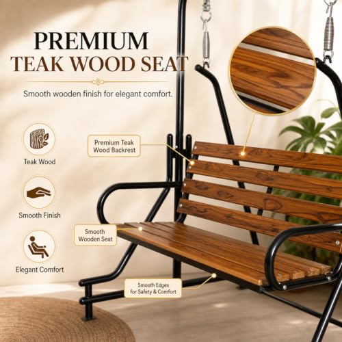 Image of Indoor Teak Wood Swing - Balcony Room Jhula with Iron Pipe, 2 Seater, 117 cm