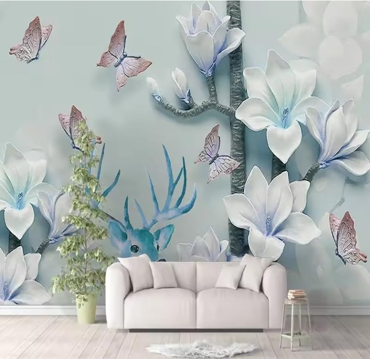Papier peint 3D magnolia grand format pour agrandir le salon avec un effet relief