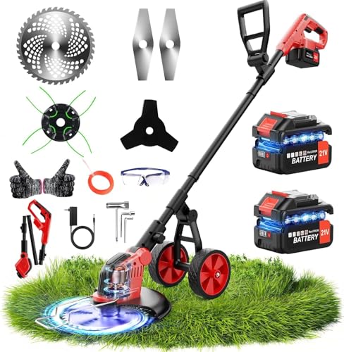 Image of 20000 RPM Electric Weed Wacker with Wheel,12″ Brushless Cordless Weed Eater Battery Powered,4-in-1 Brush Cutter /String Trimmer /Grass Edger /Tiller for Garden,Weed Trimmer,2 Battery (Red)