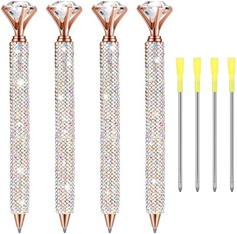 Lincia 4 Pcs Diamond Pens with Crystal Bling Metal Ballpoint Pens Bridal Shower Retractable Black Ink Rhinestone Writing Pens with Replacement Refills for Women Wedding Office Birthday (AB Color)