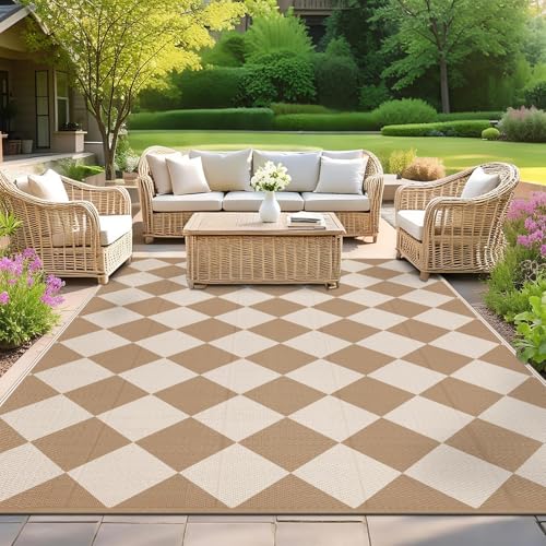 SHACOS Tapis Extérieur Resistant Pluie Beige-Brun Tapis de Terrasse Imperméable 150x240cm en UV Coating Plastique Double Face Pliable pour Cour, Jardin,...
