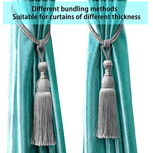 Curtain tieback, 2 Pcs Curtain Tassel Tiebacks, Rope Holdbacks for Patio, Porch, Kitchen, Dining Room, Bedroom, Bathroom and Living Room (Silver)