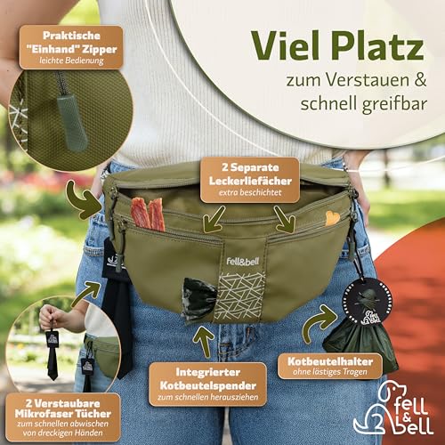 fell&bell Leckerlitasche für Hunde – wasserfester Leckerlibeutel mit 2 Snackfächern, 1,8 L Hauptfach, Handyfach & Kotbeutelspender | Futterbeutel Hundetraining & Hundetasche für Welpen Zubehör