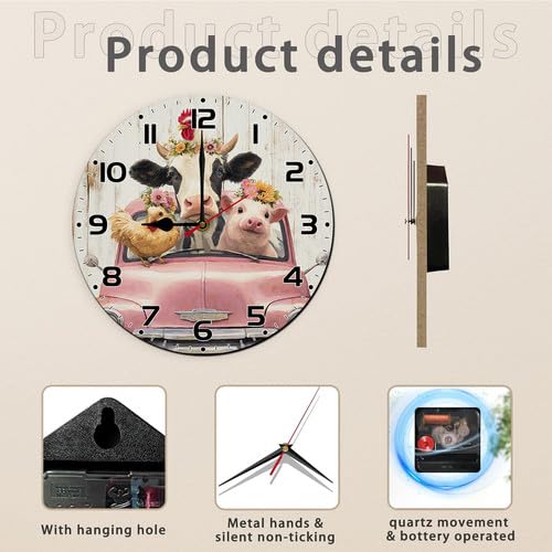 Geroclonup Horloge murale en bois de 25 cm, motif animal de la ferme, vache cochon et poulet, horloge murale numérique sans tic-tac, horloge ronde décorative pour la maison, la cuisine, le salon, le – vue 5