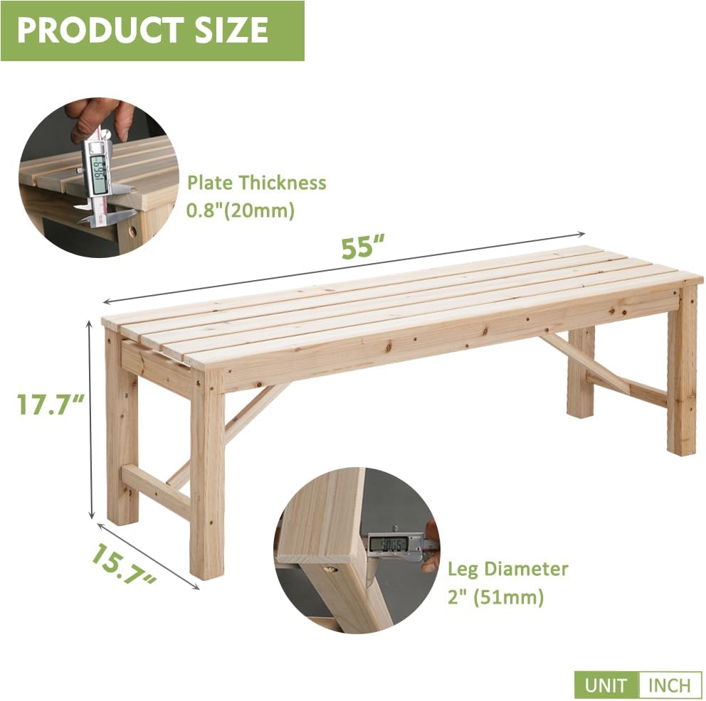 outdoor wood bench indoor backless porch rustic square fir log solid wood fire pit bench for patio garden deck and backyard, 55" w×15.7" d×17.7" h, natural large