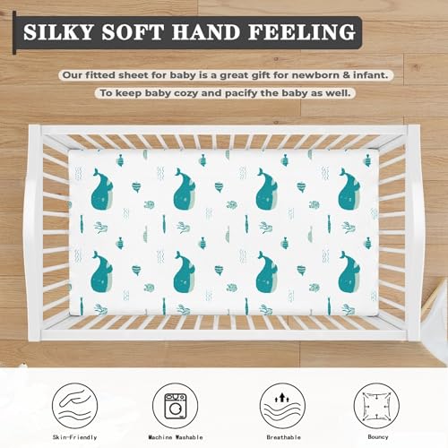 Image of Blue Whale Anemons Fishes Seaweeds Waves Fitted Crib Sheet Blue Whale Baby Crib Sheet Fit Standard Crib and Toddler Mattress,Crib Mattress Sheets for Boys Girls 28 inchx52 inch