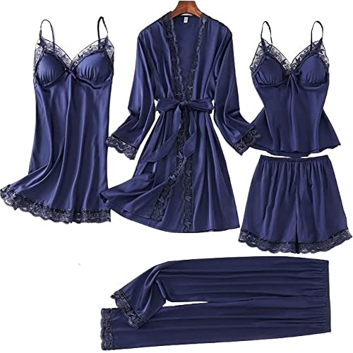 Laura Lily - Ensemble de Pyjama en Soie pour Femme avec Dentelle 5 pièces, Chemise, t-Shirt, Short, Pantalon et Courts. Doux et élégant. Bleu S Cover