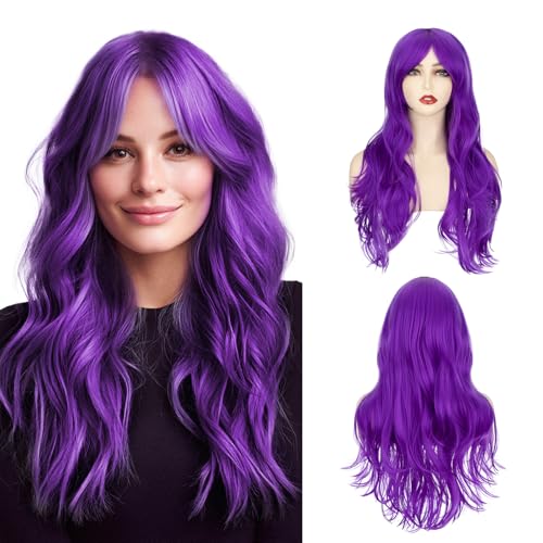 MY-LADY Purple Wig with Side Side Bangs Long Wavy Cosplay Wig for Women Natural Hair 24 Inch Synthetic Hair for Girls Daily Party Halloween