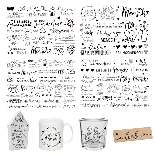 FloraVigo Rub On Sticker ca.A5 19x14cm-Spruch Deko zum Geburtstag, Keraflott, Hochzeit, Zuhause, Wischfolie für Möbel, Glas, Holz, Fotoalbum, DIY Deko, Aufkleberästhetik(4PCS) (Herzensmensch)