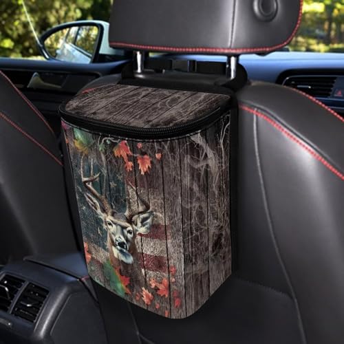 Image of Talayituse Deer Wood American Flag Print Car Trash Can, Portable Auto Garbage Bin Multifunctional Vehicle Interior Accessories with Adjustable Straps Universal Fit Truck SUV Sedan