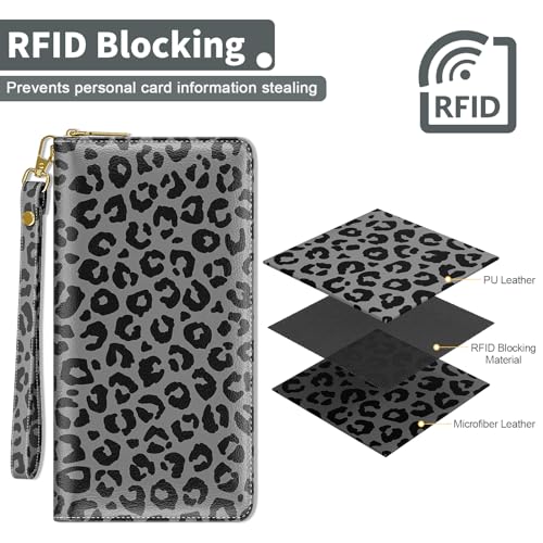 Nipichsha Womens Wallet, RFID Wristlet Wallet for Women, Cute Ladies Purse, Large Credit Card Clutch Purse, Leather Card Holder Wallets with Zipper & Phone Holder, Leopard Print4