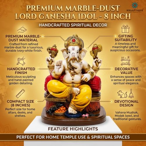 Image of Marble Singhasan Ganpati Idol 8.5 Inch | Lord Ganesha Showpiece for Home Temple, Office Desk, Living Room, Pooja Room | Multicolor Glossy Decorative Statue & Spiritual Gift