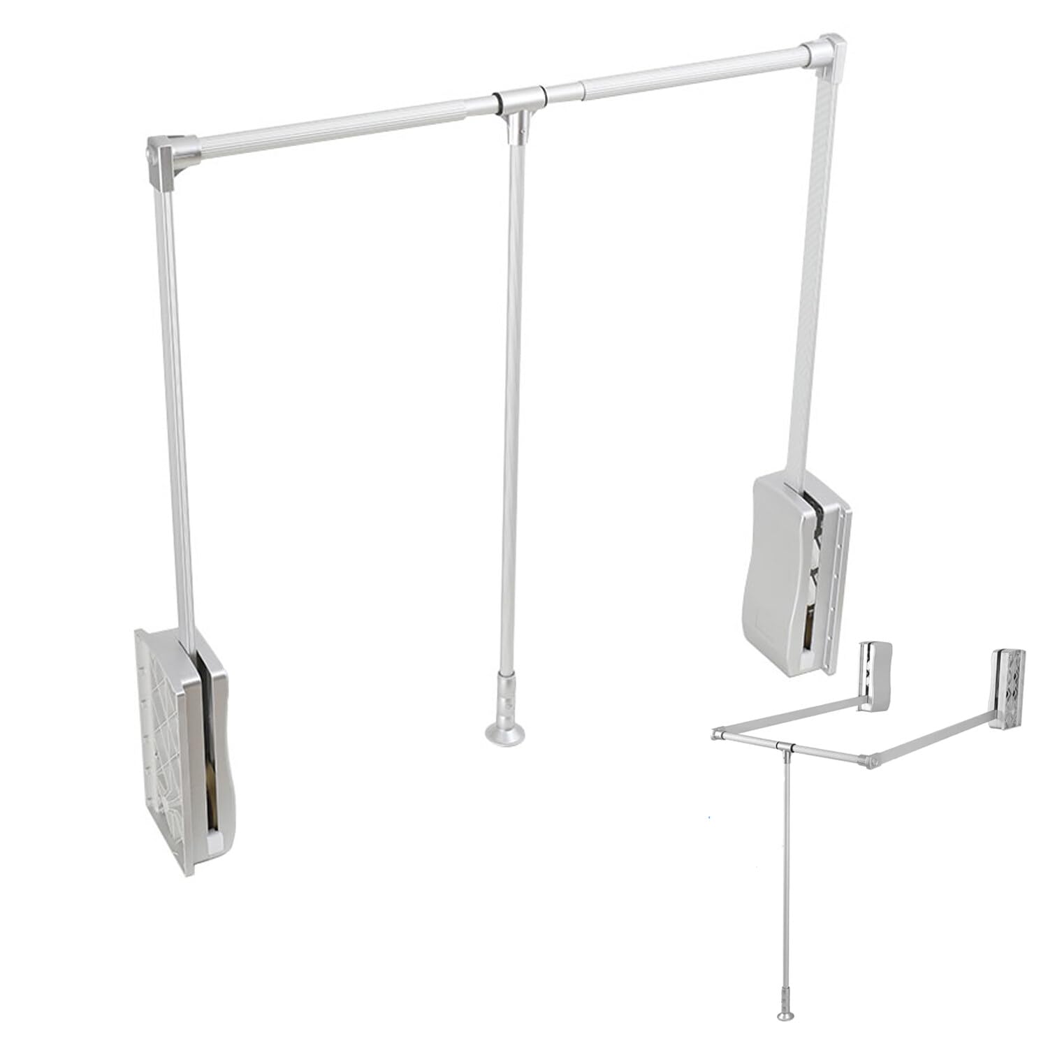 Appendiabiti Saliscendi per Armadio, Appendiabiti Estraibile Regolabile da 839 a 1210 mm per Guardaroba, Meccanismo Barra Appendiabito con Apertura e Chiusura Assistita, Portata 20 kg
