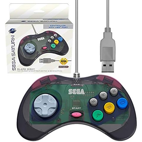 Retro-Bit Official Sega Saturn USB Controller Pad (Model 2) for Sega Genesis Mini, PS3, PC, Mac, Steam, Switch - USB Port (Slate Gray) Cover