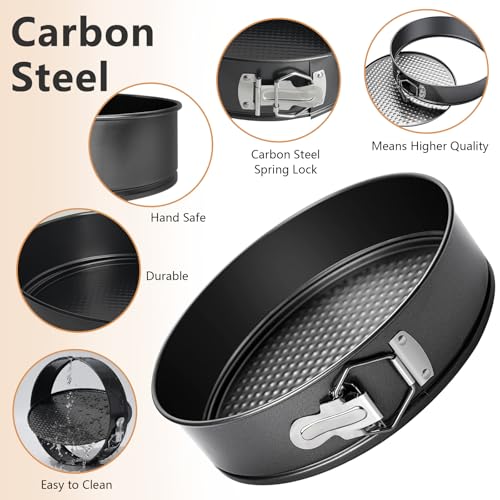 OAMCEG 3 Pcs Springform Cake Tin Set – 4/7/9 Inch Round Cake Tins for Baking – Detachable Carbon Steel Cheesecake Pan with 50 Parchment Liners & Silicone Spatula, Oven Safe & Leakproof - Image 4