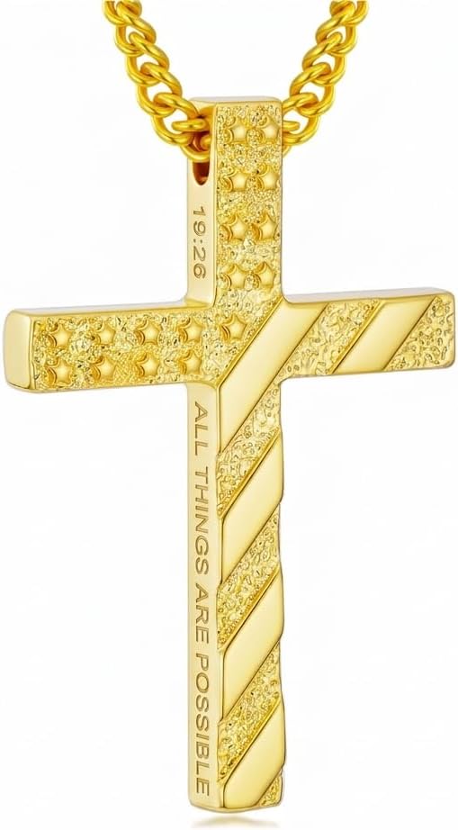 Gold American flag Cross Necklace for Men 18K Gold Cross Pendant with Bible Verse Minimalist Cross Christian Jewelry Religious Gifts(with Gift Box)