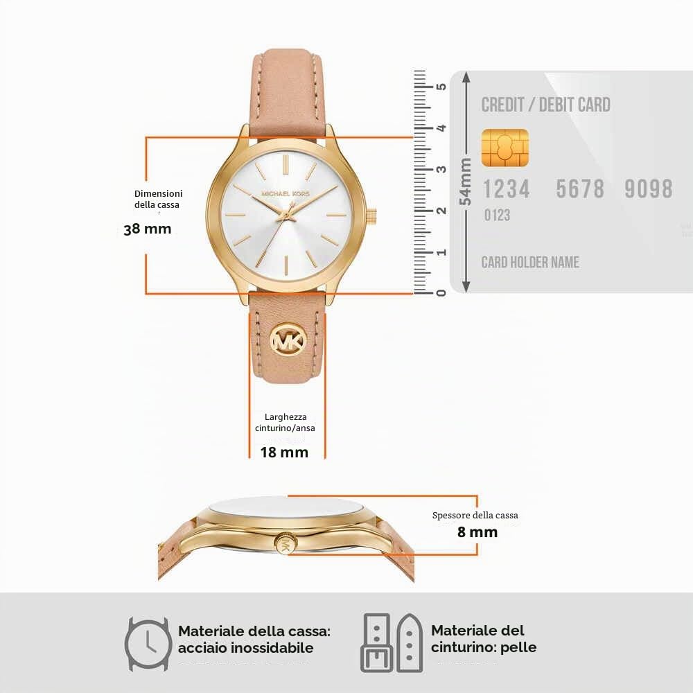 Michael Kors Orologio Slim Runway da donna, movimento al quarzo a tre lancette da 38 mm con cinturino in pelle