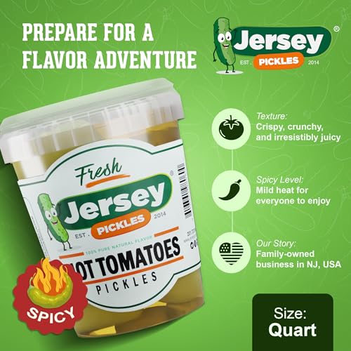 Image of Jersey Pickles - Hot Pickled Tomatoes - Pickled Vegetable - Handcrafted Gourmet Tomatoes for Sandwiches, Charcuterie & More (Set of 2 (Quart))