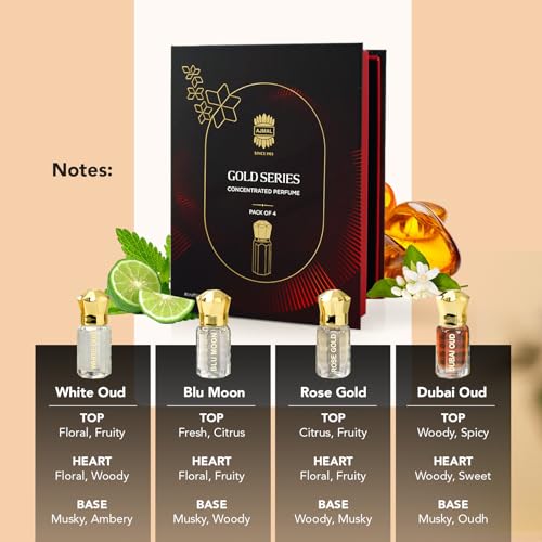 Image of Ajmal Gold Series Attar Perfume Gift Set Pack of 4, Dubai Oud, Blu Moon, White Oud, Rose Gold - 5ml each Non-Alcoholic Attar | Alcohol-Free Ittar for Men & Women | Versatile Office /Work Unisex Cologne