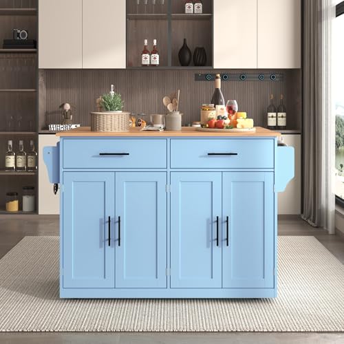 Becag Carrito de Cocina con Ruedas, Carrito de Servicio con encimera, Carrito de Cocina de Isla con 2 cajones y 2 Compartimentos de Almacenamiento, 136 x 46(71) x 91.5 cm, Azul