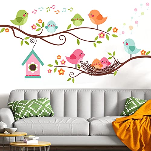 Colorful Robin Bird Wall Sticker, Cartoon Singing Bird On Tree Branch Wall Decal, Birdhouse With Flowers Wall Art Décor, Removable Diy Green Leaves Wallpaper Murals For Kids Room Baby Nursery #TOP1