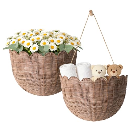 Natural Handwoven Scalloped Wall Basket Set of 2 Premium Rattan Wicker Wall Hanging Organizer for Boho Home Decor Decorative Wall Storage for Bathroom Entryway Living Room & Craft Room