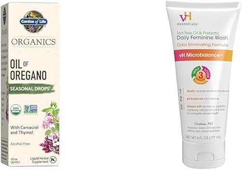Garden of Life Organics - Aceite de orégano en gotas de 1 onza líquida + vH Essentials - Lavado diario femenino con aceite de árbol de té y