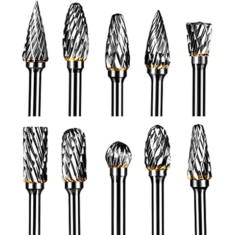 YXGOOD 10 Pieces Tungsten Carbide Double Cut Rotary Burr Set with 3 mm (1/8 Inch) Shank and 6 mm (1/4 Inch) Head Size Cover