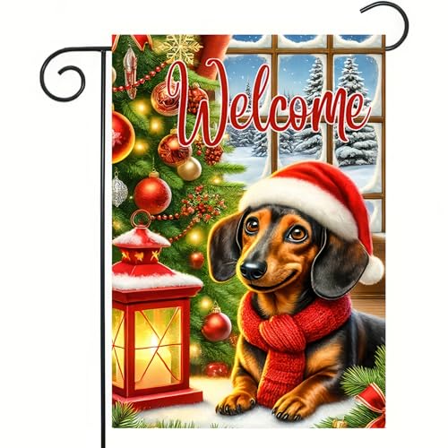 Image of BlissYard Christmas Dachshund Dog Garden Flag 12x18 Inch Polyester | Double sided polyester, Christmas dachshund scarf lantern design, cozy dog lover decor for holiday porch and yard