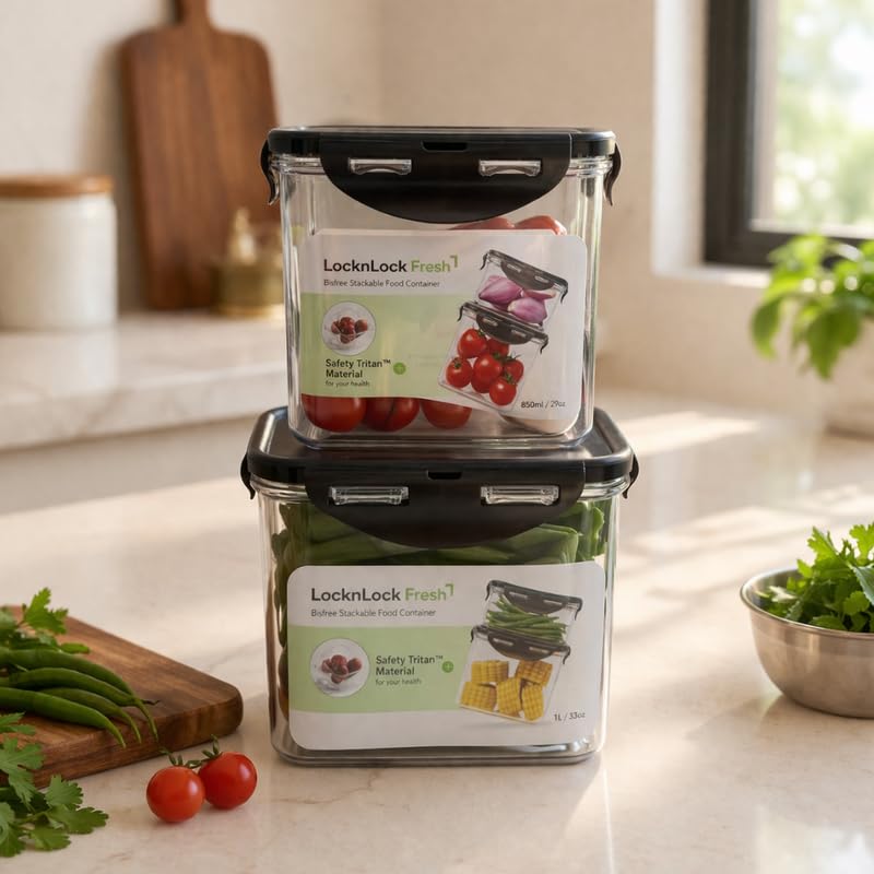 Image of LocknLock Bisfree Modular Storage Container Setof 2 (850ml + 1000ml) | Stackable Airtight Food Containers | Microwave, Freezer & Dishwasher Safe | BPA Free Kitchen Storage Boxes