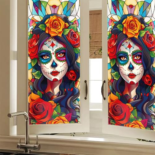 Vinilo decorativo ventana estilo vidriera calavera Dia de muertos miniatura 1