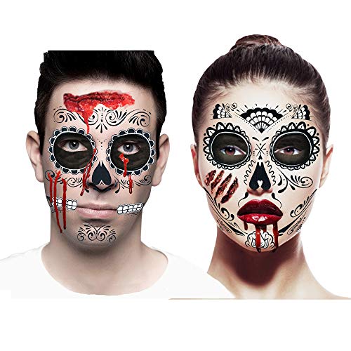 Sugar Skull Zombie Makeup & Temporary Tattoos Costume Accessories Set for Couples (Set of 2 Halloween Day of The Dead Face Tattoos, Traditional & Glitter Web Designs, with Makeup Kit and Fake Blood)