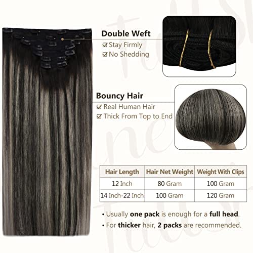 Full Shine Clip in Hair Extensions Black And Silver Double Weft Clip on Extensions Remy Human Hair Black Ombre Straight Seamless Human Hair Extensions 18 Inch 120g thumbnail