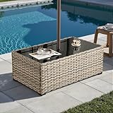 HOOOWOOO Outdoor Patio Side Table with Umbrella Hole,Wicker Coffee End Table Glass Top,Umbrella Table with 1.64" and 2" Hole for Yard,Deck,Porch,Garden(Rectangle Brown)