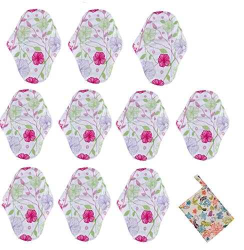 (10pcs+1pcs) Serviettes HygièNiques Lavables Bio RéUtilisables imprimée Bambou Lingette Lavable Menstruel Serviette HygiéNique De Pad Mama Sac Humide (S:20X6CM, F)