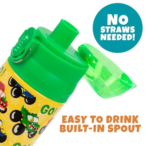 Image of Bentology Stainless Steel 13 Oz Reusable Water Bottle Kids, Monster Truck | Double Wall Insulated, Spill Proof Lid W /Built-in Straw- Keep Liquids Hot or Cold- Easily Fits in Lunch Boxes & Bags