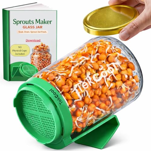Image of TEKCOOL Sprouts Maker Glass Jar - 720ml Durable & Reusable Sprouter for All Seeds and Beans, BPA-Free with 300-Hole Mesh Lid for Airflow, Odor-Free, Easy Drainage, and Hygienic Glass Design - Green'