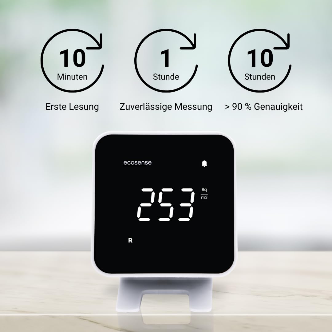 Ecosense EB100 EcoBlu, Heim-Radondetektor, Erfassung und Anzeige von Ergebnissen alle 10 Minuten, kurz- und langfristige, kontinuierliche Überwachung, einfach zu bedienen