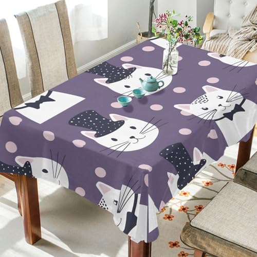ALAZA Romanti Rectangle Tablecloth Magic White Cat Purple Table Cloth 60 x 108 Inch Vinyl Fabric Picnic Table Cover for Outdoor Camping Desk Cover Party Decor