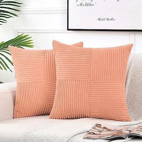 Image of Fancy Homi 2 Packs Peach Samll Decorative Throw Pillow Covers 12x12 Inch with for Couch Bed Sofa, Rustic Farmhouse Boho Home Decor, Soft Corss Patchwork Corduroy Cute Square Cushion Case 30x30 cm