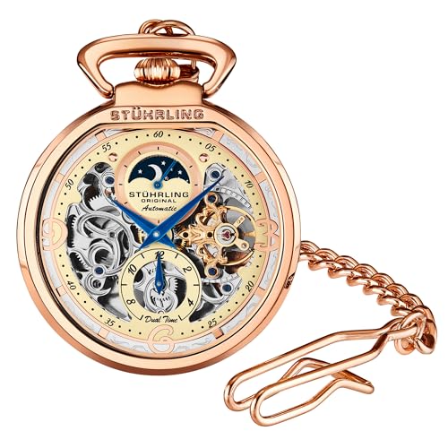 Stuhrling Orignal Mens Automatic Pocket Watch Skeleton Dial Mechanical Movement with and Stainless Steel Chain -Dual Time AM/PM Sun Moon Subdial