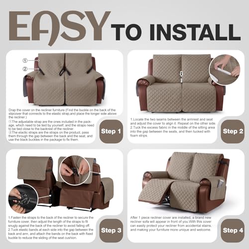 Image of KinCam Waterproof Loveseat Recliner Cover, Non-Slip Reclining Couch Covers for 2 Seat, Recliner Sofa Cover Furniture Protector with Elastic Straps for Kids, Pets, Taupe