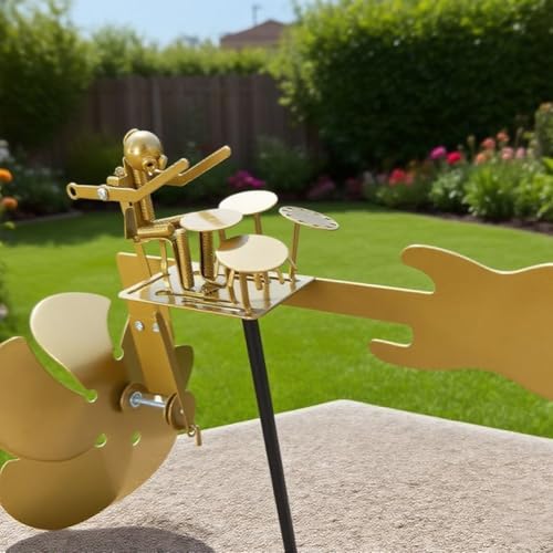 Molino de viento de tambor de metal hecho a mano con movimiento dinámico de tambor y platillo, acabado resistente a la corrosión, escultura de jardín al aire libre para fanáticos de la música