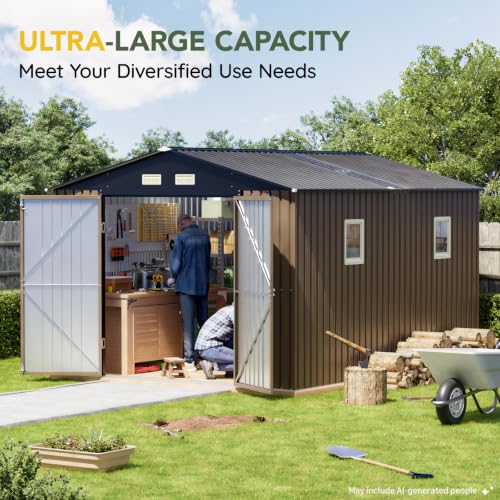 Image of Outdoor Storage Shed 10x12FT with Frame Floor, Skylight Roof Panels, Metal Utility Garden Tool Shed with Lockable Doors & Windows for Patio Storage, Brown