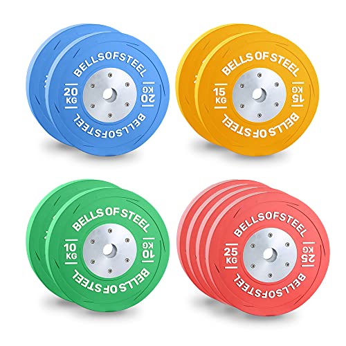 Image of Bells of Steel Competition Bumper Plates - Low Bounce, Vibrant Colour-Coded, Virgin Rubber Olympic Plates for Commercial and Home Gym - 450 mm Plate Diameter, 190 kg Weight Set