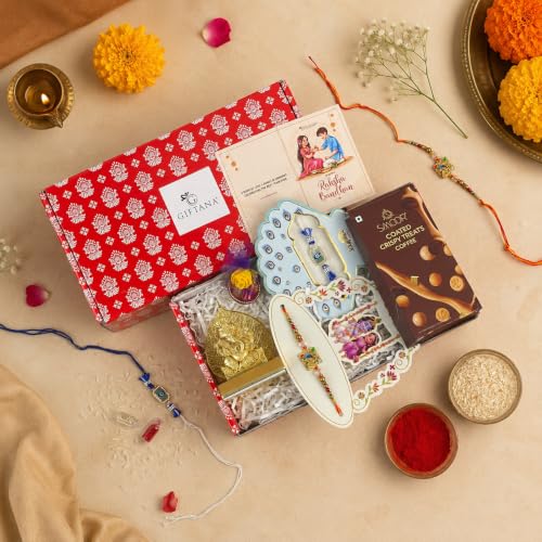 Image of Giftana Rakhi Gift Set for Brother & Bhabhi Radha Krishna Rakhi, Evil Eye Rakhi, Ganesh Ji Idol, Greeting Card Set, Raksha Bandhan Gift Combo for Bhaiya Bhabhi
